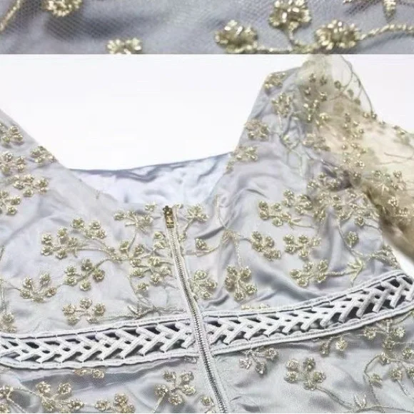 NWOT Self-Portrait Short Sleeve Chiffon Midi Dress gold Light Blue - Picture 5 of 11